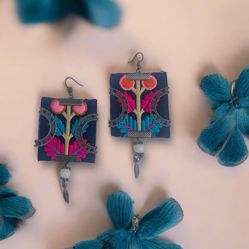 Persian Jewelry, Balochi Handmade dangling Embroideried  earrings | Black